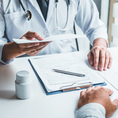 Doctor or physician writing diagnosis and giving a medical presc