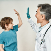 After succesful vaccination. Friendly mature doctor pediatrician in medical mask and blue sterile gloves giving high five to a happy little boy